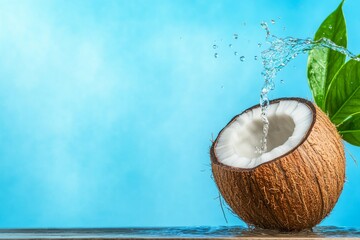 Fresh-cut coconut with glistening juice and coconut water dripping