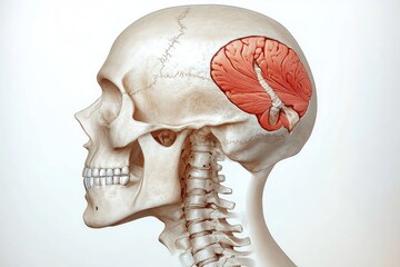 Detailed Medical Illustration of Human Skull and Cervical Spine Profile View with Atlas First Cervical Vertebra 3D Rendering Red Color Anatomy