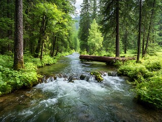 Naklejka premium Forest stream with flowing water, and nature.