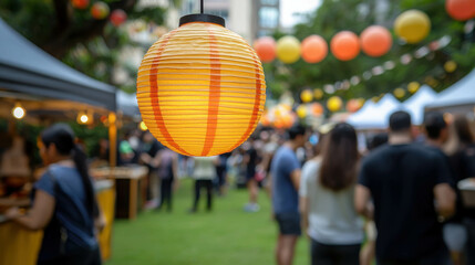 Bright Yellow Lantern Hanging at Outdoor Event Surrounded by People Enjoying Festive Atmosphere