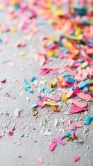 Colorful paper scraps scattered on a gray surface