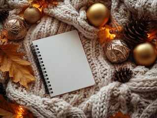 Winter notebook flat lay with golden leaves Christmas balls pen on cozy fabric background elegant workspace