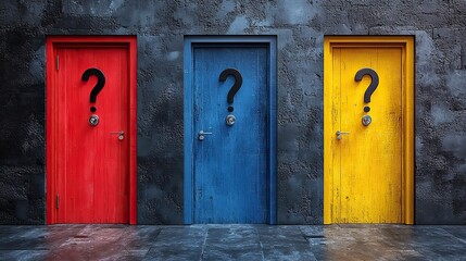 Three colorful doors with question marks illustrate FOMO and the complexities of significant life and career decisions.