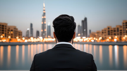 Naklejka na ściany i meble Businessman Contemplating City Lights at Night
