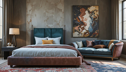 Your multicolored velvet bed with your abstract art-inspired sofa.
