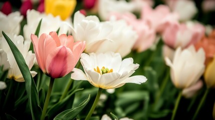 Obraz premium Spring Tulips Pink White Yellow Flowers Bloom
