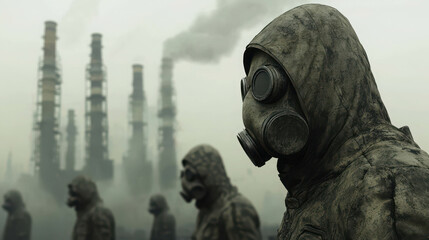 Enigmatic Figure in Gas Mask Against Industrial Landscape of Smoky Chimneys and Pollution