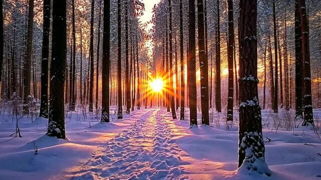Serene winter landscape with a sunlit pathway through a snow-covered forest at sunset, evoking tranquility