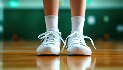 A low-angle shot of two white canvas shoes on a shiny wooden floor, evoking a sense of readiness and activity.