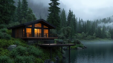 Fototapeta premium A cozy cabin by a tranquil lake surrounded by lush evergreen trees, set against a misty, serene landscape.