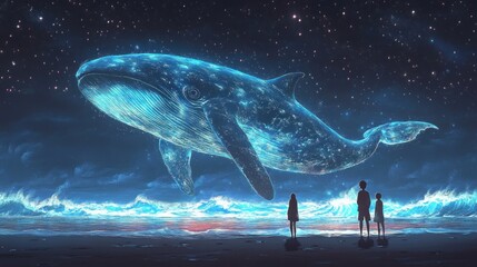 breathtaking surreal glowing whale floating above ocean night sky with mother and daughter at beach