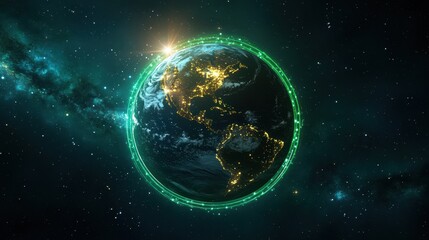 Obraz premium a glowing Earth at night from space, surrounded by sparkling stars and green energy rings, symbolizing sustainability and global unity