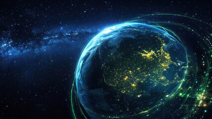 Obraz premium a glowing Earth at night from space, surrounded by sparkling stars and green energy rings, symbolizing sustainability and global unity