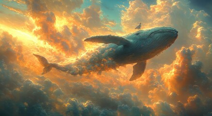 Whale Adventure in Dreamy Sky with Open Book and Tiny Figure Education Imagination Freedom