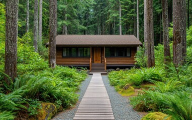 Naklejka premium A cozy log cabin nestled among tall trees, surrounded by lush greenery and a wooden pathway leading to the entrance.