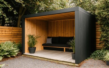 A modern garden shed with wooden walls, a black exterior, and a cozy seating area, surrounded by greenery and gravel pathways.