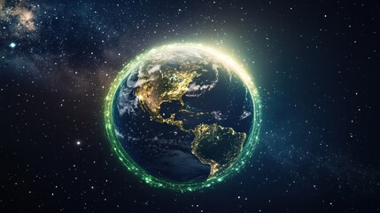 Obraz premium a glowing Earth at night from space, surrounded by sparkling stars and green energy rings, symbolizing sustainability and global unity