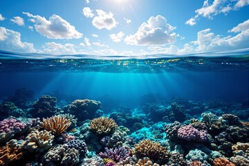 Obraz premium Vibrant coral reef scene under ocean surface with sunlight rays, creative style, sunny blue sky background, concept of marine life beauty. Ai generative