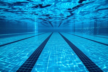 Underwater view of an empty swimming pool with blue tiles and lane markings, showcasing a creative aquatic background design concept. Ai generative