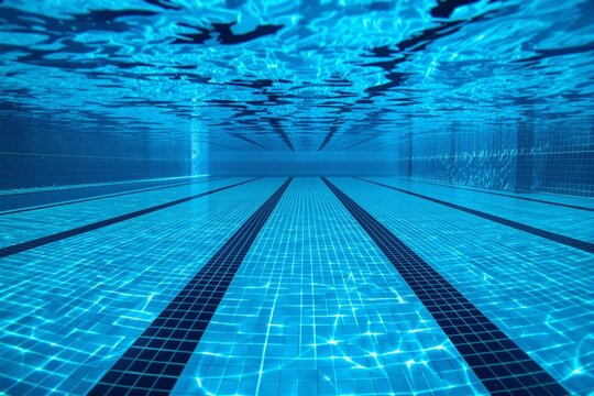 Underwater view of an empty swimming pool with blue tiles and lane markings, showcasing a creative aquatic background design concept. Ai generative