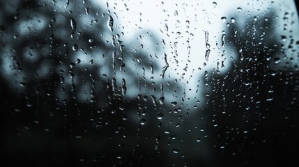 moody scene of overcast weather viewed through a window covered in raindrops, with soft natural light
