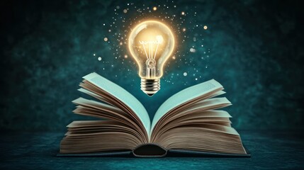 Lightbulb hovering over an open book. Represents knowledge and inspiration.