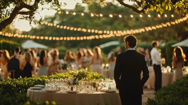 A man in a suit stands overlooking a beautifully arranged outdoor event with twinkling lights and guests mingling in a lush garden setting.