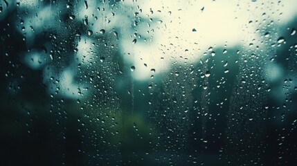 Obraz premium moody scene of overcast weather viewed through a window covered in raindrops, with soft natural light