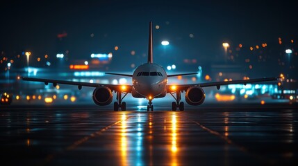 A sleek airplane prepares for takeoff on a runway, illuminated by city lights at night, showcasing a vibrant and dynamic travel scene.