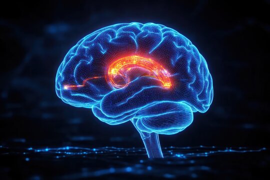 X-ray Style Illustration of Human Brain with Neon Blue Outlines Midbrain Mesencephalon Medical Art