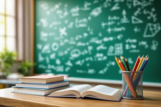 Open book, stacked textbooks, and colored pencils on wooden desk in front of green chalkboard with creative math doodles on classroom background. Ai generative