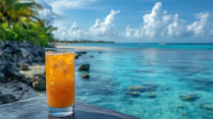 Tropical cocktail on a table, overlooking a tranquil sea.