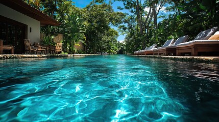 Fototapeta premium Turquoise pool water glistens, a luxurious vacation.