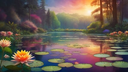 Tranquil lily pond at sunset with colorful reflections