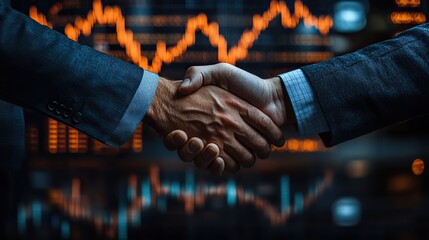Two businessmen shake hands in front of a stock market chart, symbolizing a successful deal in the financial world.