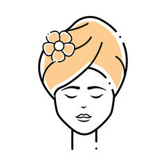 Vector image of a woman's face icon applying a mask in a spa on a white background