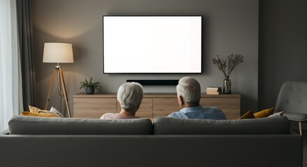 Senior couple relaxing on a grey sofa watching a blank screen TV in a modern living room, concept for retirement, relaxation, and television advertising