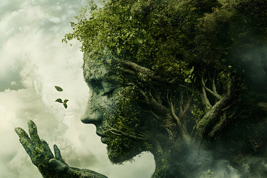 Stone face transforming into tree branches and leaves while butterflies fly away, symbolizing transformation, nature spirit, renewal and harmony with the earth.