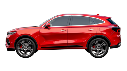 Red SUV car isolated on a transparent or a white background, cut out, PNG