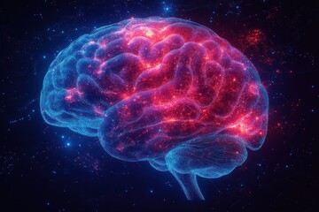 X-ray Style Illustration of Human Brain with Neon Blue Glowing Outlines Profile View of Midbrain and Mesencephalon 3D Rendering