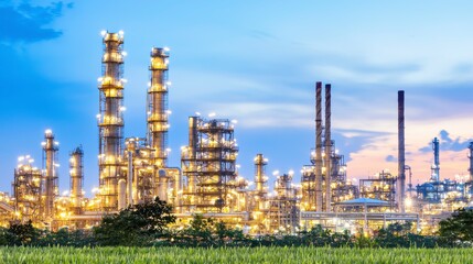 Fototapeta premium Illuminated Industrial Refinery at Twilight