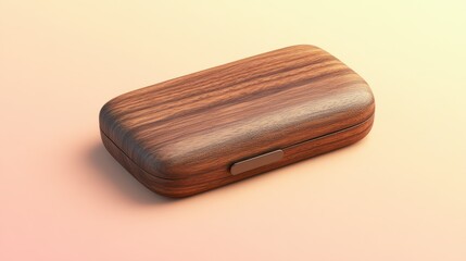 A wooden box with a smooth finish sits on a peach background.