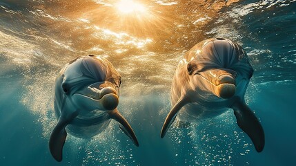 Two Dolphins Swim Underwater Mouths
