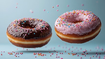 Two donuts, one chocolate frosting with sprinkles, one pink frosting with sprinkles, levitate against light blue.