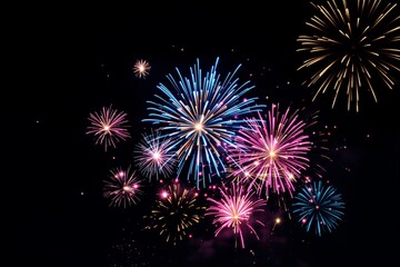 Bright multicolored fireworks bursting in night sky, digital art style on dark background, concept of celebration and party. Ai generative