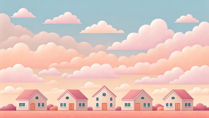 Cute Cartoon Houses Under a Pastel Sunset Sky Dreamy Suburban Illustration