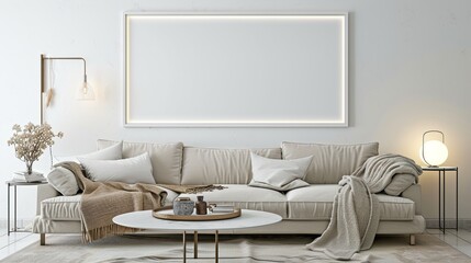 A white rectangular frame in a minimalist living room, hung above a neutral sofa with a coffee table, throw, and soft lighting.  HD 8K mockup wallpaper Photographic Image
