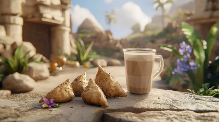 Tranquil Desert Still Life Low Poly Render of Golden Pastries and Frothy Drink