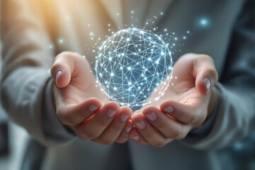 Human hands gently holding a glowing digital globe made of connected points and lines, futuristic graphic style, blurred background, concept of innovation. Ai generative