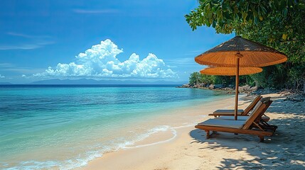 Naklejka premium Two empty sunbeds and a parasol on a sandy beach overlook a calm ocean under a blue sky.